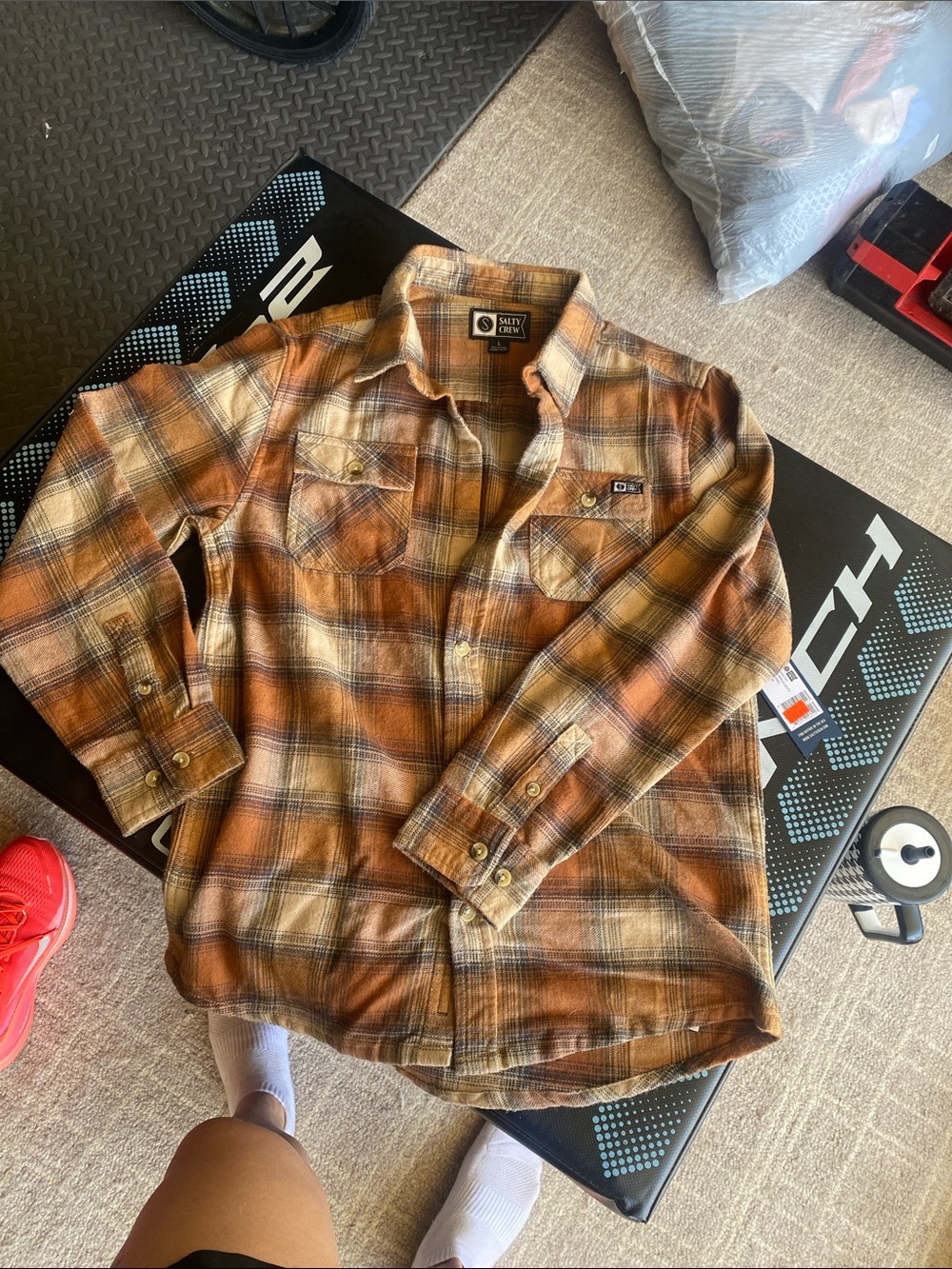 Salty Crew Orange and Cream Plaid Flannel Shirt